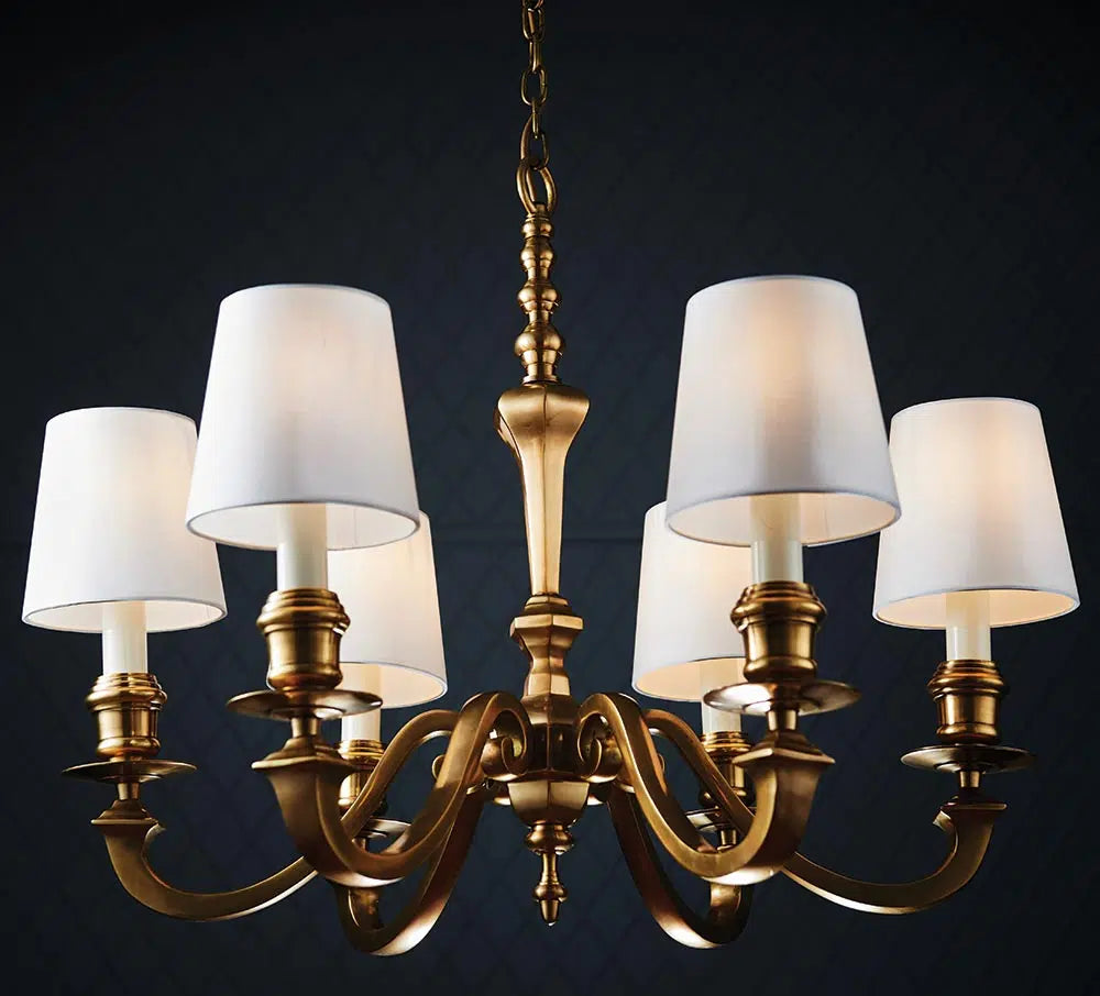 Fenbridge Cast Brass 5 Light Classic Chandelier White Silk Shades