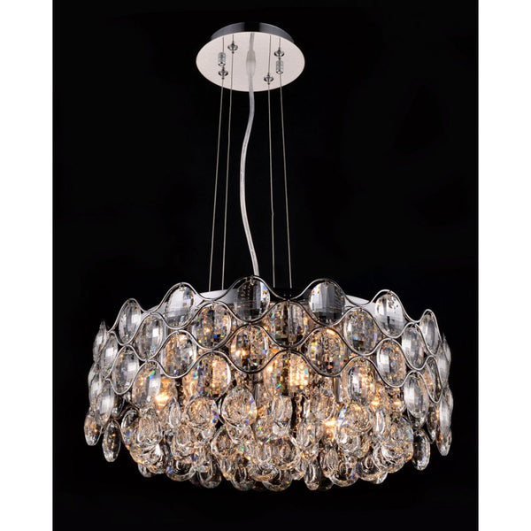 Impex Raina 8 Light Drum Pendant Light in chrome features a dazzling crystal shade, offering a sophisticated and modern statement piece, perfect for dining rooms, kitchens, and elegant interiors.