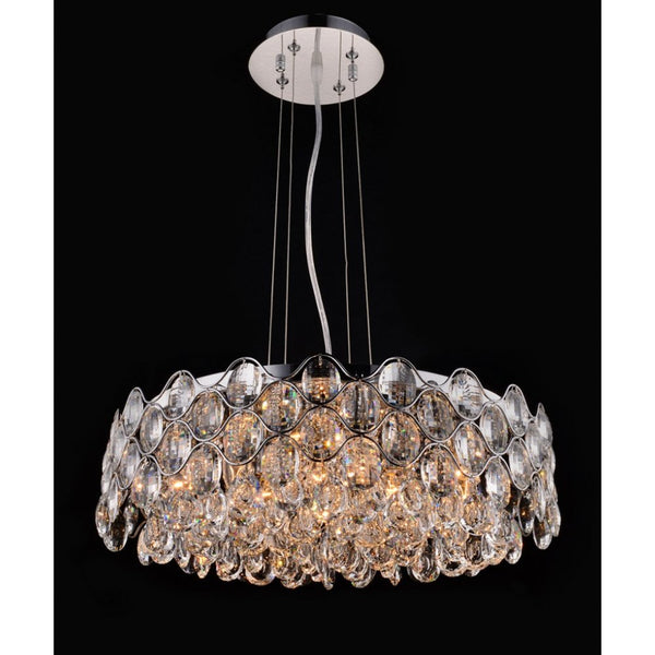 Impex Raina 12 Light Drum Pendant Light in chrome features a dazzling crystal shade, offering a luxurious and contemporary statement piece, perfect for kitchens, dining rooms, and elegant interiors.