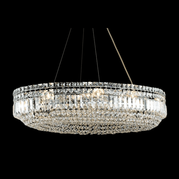 Impex Olovo 12 Light Drum Pendant Light in chrome features stunning lead crystal accents, offering a contemporary yet timeless elegance, perfect for grand interiors, dining areas, and statement lighting.