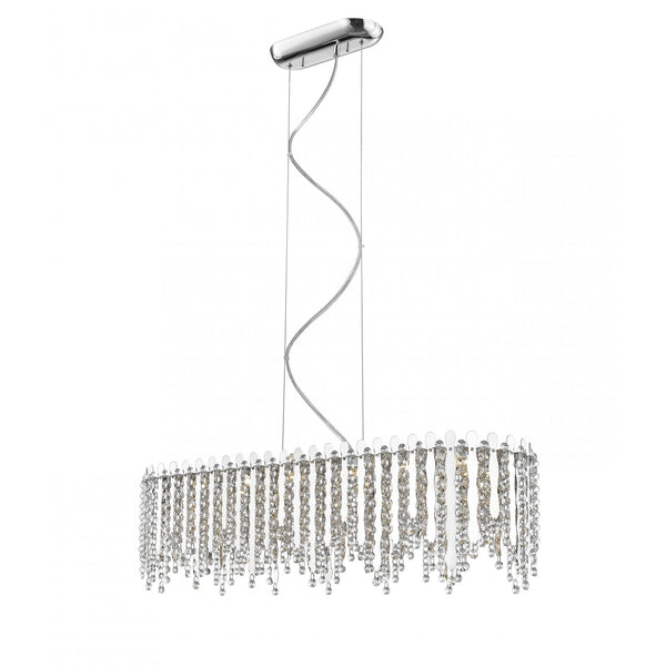 Impex Belize 6-Light Rectangular Pendant Light in Chrome & Crystal features integrated LED lighting, a modern oblong shape, and adjustable suspension—a stunning statement piece for dining areas, kitchen islands, and contemporary interiors.