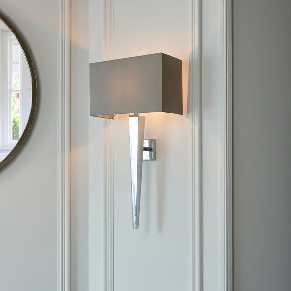 Endon Moreto 1 Light Wall Light in Polished Chrome with Grey Faux Silk Shade – Modern & Dimmable LED Compatible Wall Sconce for Elegant Interiors
