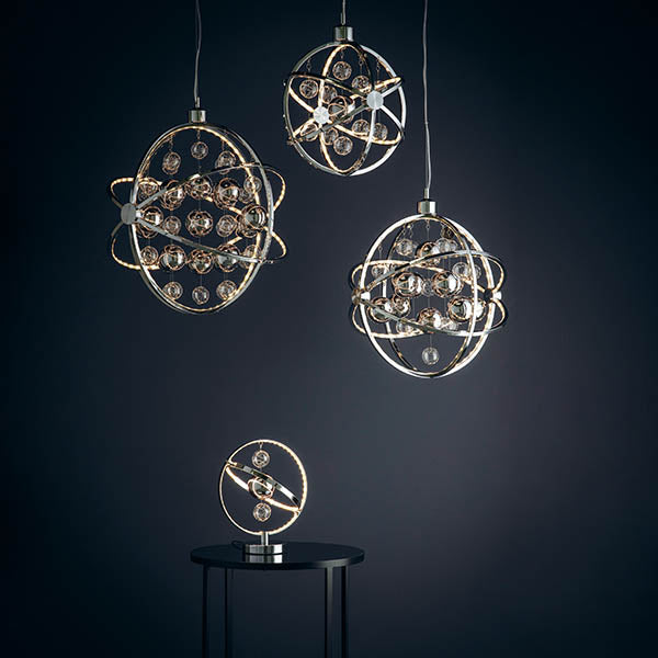 Endon Muni Multi Hoop Pendant Light in Polished Chrome features suspended clear and chrome spheres, integrated LED rings, and a sleek, modern design, offering sophisticated lighting for contemporary interiors.