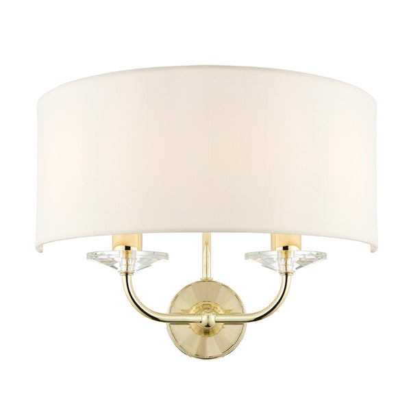 Endon Nixon 2 Light Wall Light in Bright Nickel with Vintage White Faux Silk Shade – Elegant Crystal Accent Wall Sconce for Modern & Classic Interiors, Dimmable & LED Compatible