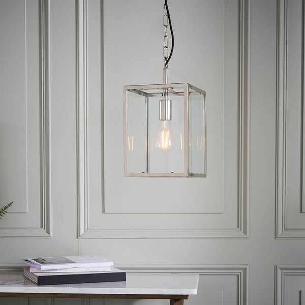 Endon Hadden 1-Light Pendant in Nickel features a sleek cubic design, adjustable height, and dimmable functionality. A modern pendant light, perfect for contemporary kitchens, living rooms, and stylish interiors.