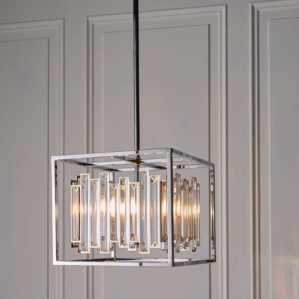 Endon Acadia 4-Light Pendant in Chrome features a sleek geometric frame, adjustable height, and dimmable functionality. A modern pendant light, perfect for contemporary living rooms and dining areas.