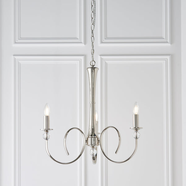 Fabia's stunning 3-light pendant incorporates beautifully curved arms adorned with crystal glass detailing and finished in a polished nickel plate. This stunning piece will add a luxurious feel to any room in your home. This Fabia stunning 3-light pendant is dimmable and suitable for use with LED bulbs. Supplied complete with fixing accessories.