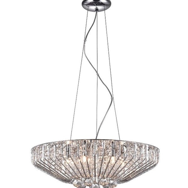 The Carlo 6 light crystal basket pendant in polished chrome is contemporary, stylish and practical. Featuring a polished chrome wire basket filled with crystal decoration, suspended from three wires and chrome ceiling mount, perfect for kitchen islands, entrance lighting, Pendants lighting from lush chandeliers is contemporary, stylish and practical. Featuring a polished chrome wire basket filled with crystal decoration, suspended from three wires and chrome ceiling mount.