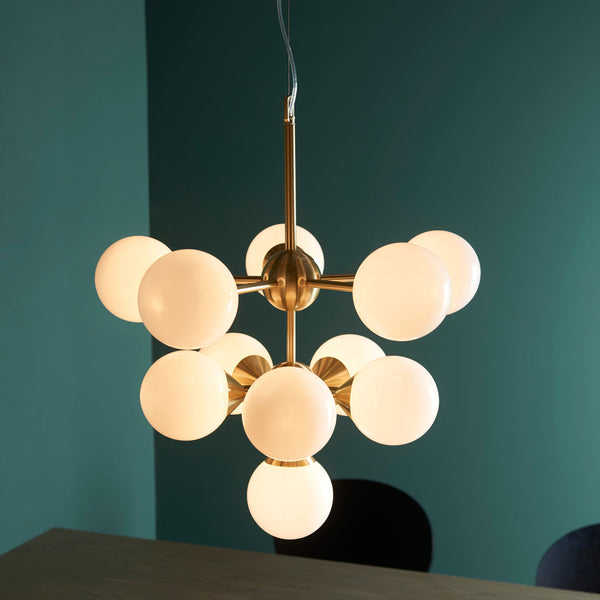 Endon Oscar 11 Light 76500 Chandelier Finished In Brushed Brass With White Glass Shades