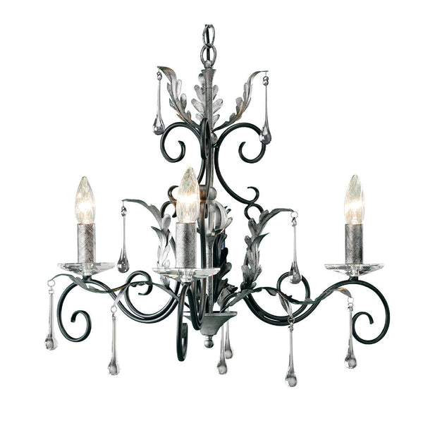 Elstead Amarilli 3 Light Chandelier - Black/Silver This Elstead Amarilli black and silver 3-light chandelier is made in Britain and boasts traditionally hand-forged scrolls, antiqued oak leaves, clear glass drops, and cut-glass sconces.