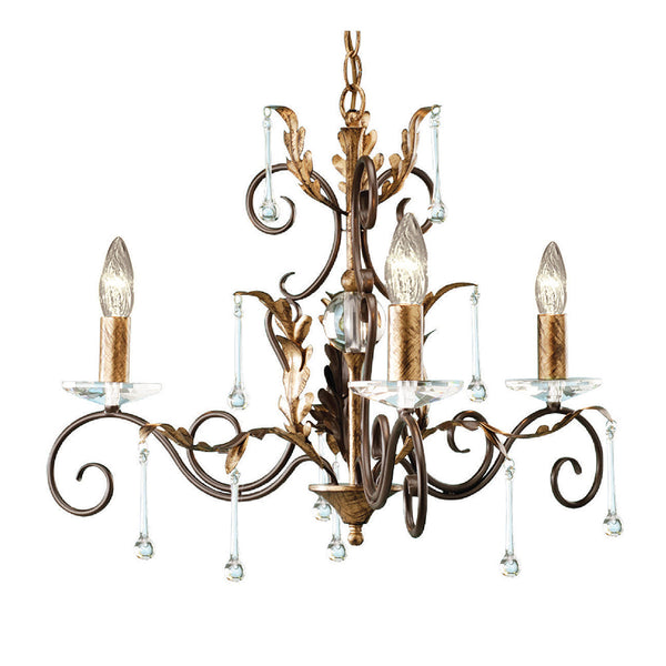 This Elstead Amarilli bronze and gold 3 light chandelier is made in Britain and boasts traditionally hand-forged scrolls, antiqued oak leaves, clear glass drops, and cut-glass sconces.