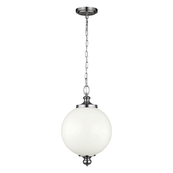 Elstead Parkman 1-Light Large Globe Pendant Light in Polished Nickel, featuring a sleek and timeless design with an adjustable drop height from 645mm to 2169mm, perfect for modern and traditional interiors.