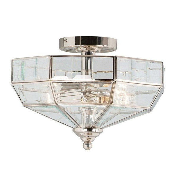 Elstead Old Park 2-Light Semi Flush Ceiling Light Polished Nickel – A classic lantern-style ceiling fixture featuring clear glass panes and a polished nickel finish. Perfect for hallways, entryways, and traditional interiors, this dimmable semi-flush light provides bright and stylish illumination.