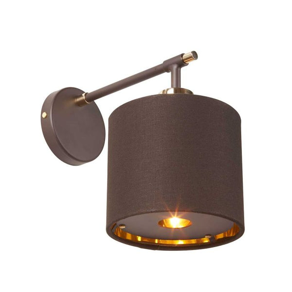 Elstead Balance 1 Light Wall Light in mocha brown and polished brass, featuring a brown faux linen shade with gold metallic lining. A perfect blend of retro and modern elegance.