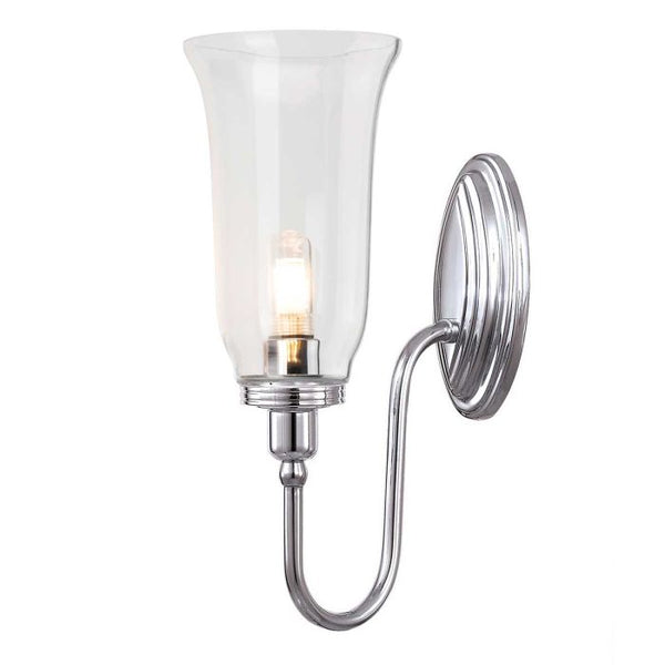 Elstead Blake 1 Light Wall Light in polished chrome with solid brass and clear glass panels. IP44-rated, includes a 3W LED G9 bulb, offering warm 3000K illumination.