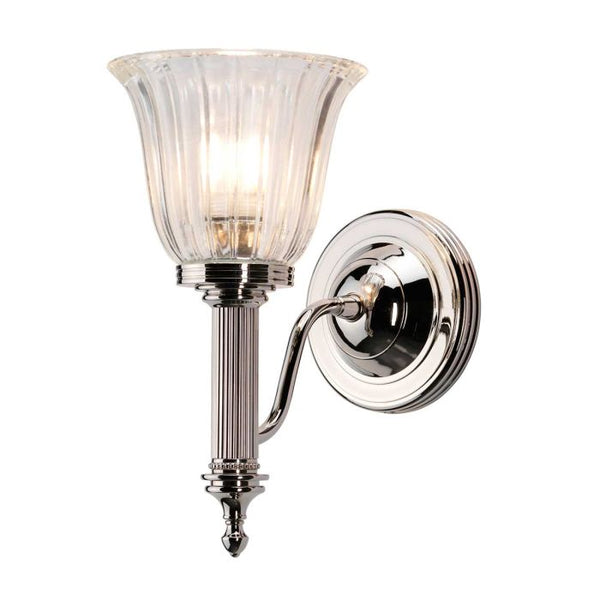 Elstead Carroll 1 Light Wall Light in polished nickel with a solid brass build and elegant finish. IP44-rated for bathroom use, featuring a 3W LED G9 bulb. Delivers warm 3000K illumination with a sleek design.
