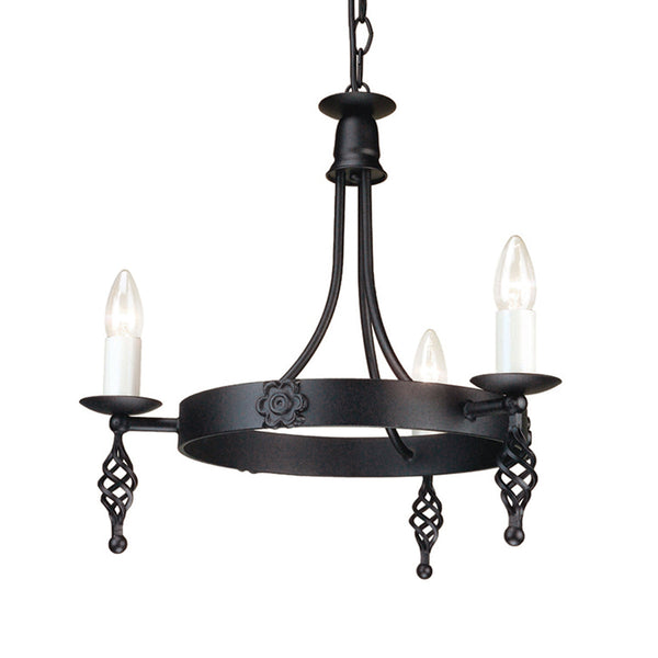The Elstead Cheadle bathroom 3 light chandeliers in polished chrome finish and rated IP44 boasting traditional period style and opal white glass shades. Featuring a circular ceiling mount and rod suspension, with three curved arms and upward-facing opal white glass bowl shades.