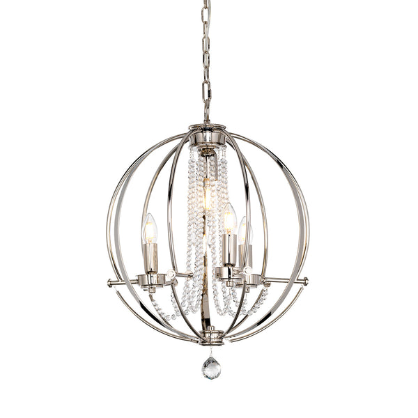 This Elstead Cassie 4 light polished nickel globe chandelier pendant with crystal swags is modern and stylish. Featuring a circular ceiling mount, chain suspension, and a polished nickel 46cm diameter globe constructed from metal bands.