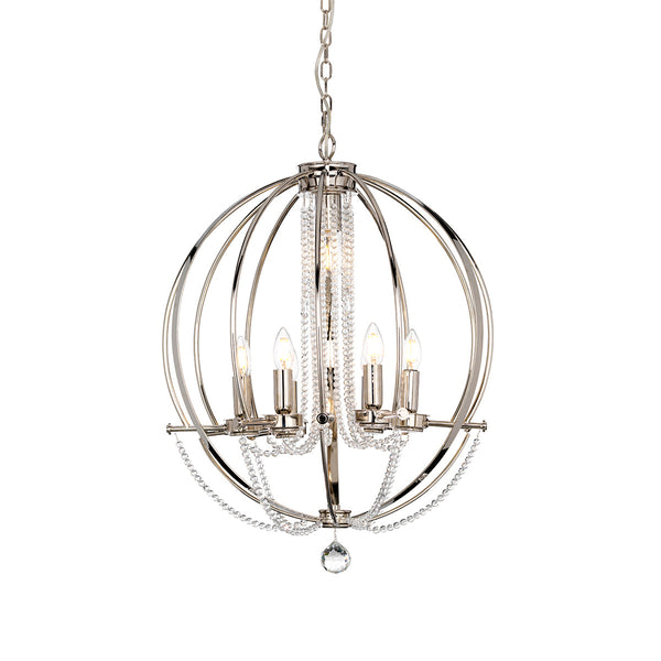 This Elstead Cassie 7 light polished nickel globe chandelier pendant with crystal swags is modern and stylish. Featuring a circular ceiling mount, chain suspension, and a polished nickel 61cm diameter globe constructed from metal bands.