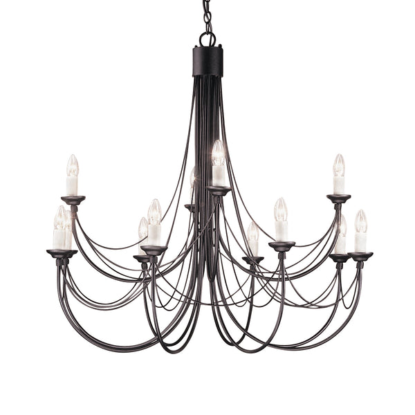 This Elstead Carisbrooke 12 light large chandelier in Gothic black finish is made in Britain and features a circular ceiling mount, with an ornate petal shield and chain link suspension.