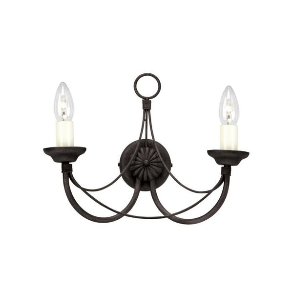 Elstead Carisbrooke 2 Light Wall Light in black with a Gothic candelabra design. Features hand-bound wire drapes and ivory candle tubes. Dimmable and compatible with E14 bulbs.