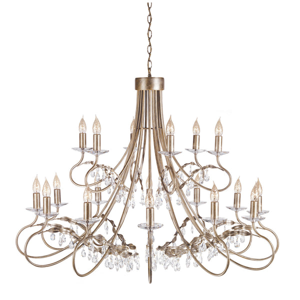 This Elstead Christina large silver and gold 18-light chandelier, This Elstead Christina large silver and gold 18-light chandelier with crystal drops and cut glass sconces is handmade in England and features a circular ceiling mount and chain link suspension.