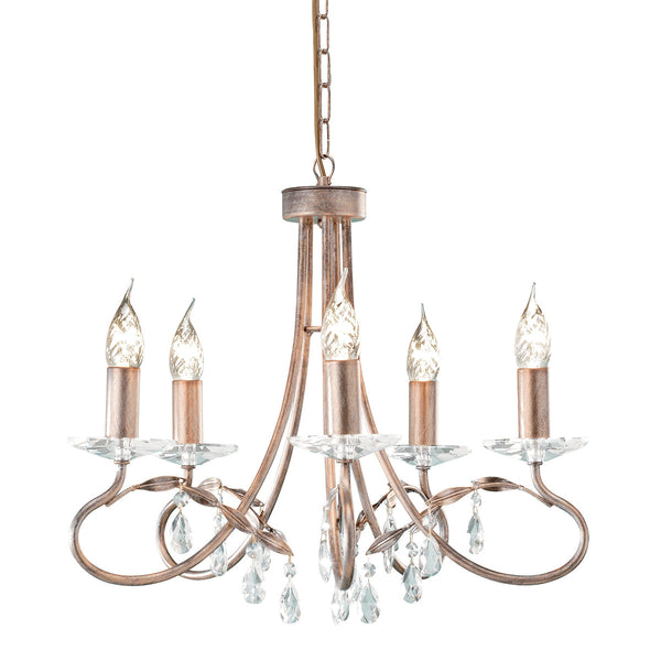 This Elstead Christina classic silver and gold 5-light chandelier with crystal drops and cut glass sconces is handmade in England and features a circular ceiling mount and chain link suspension.