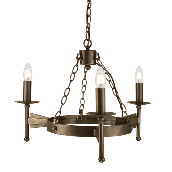 The Elstead Cromwell aged bronze cartwheel 3 light Gothic chandelier, hand finished in a unique aged bronze finish, with matching candle tubes and metal sconces.