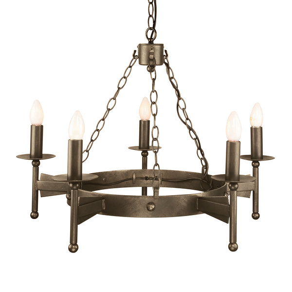 The Elstead Cromwell aged bronze cartwheel 5 light Gothic chandelier, hand finished in a unique aged bronze finish, with matching candle tubes and metal sconces. Part of a truly medieval style range hand-made in heavy wrought iron. Each piece is individually hand-painted in a unique Old Bronze finish and has been designed and manufactured in Britain.