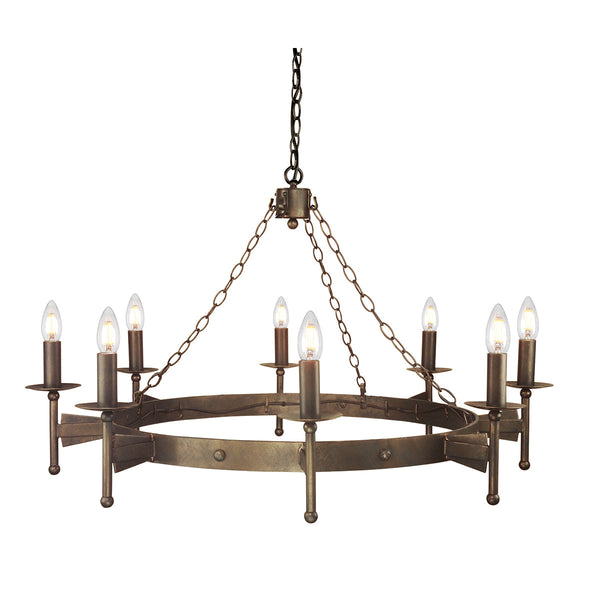 The Elstead Cromwell aged bronze cartwheel 8 light large Gothic chandelier, hand finished in a unique aged bronze finish, with matching candle tubes and metal sconces.The Elstead Cromwell aged bronze cartwheel 8 light large Gothic chandelier, hand finished in a unique aged bronze finish, with matching candle tubes and metal sconces.