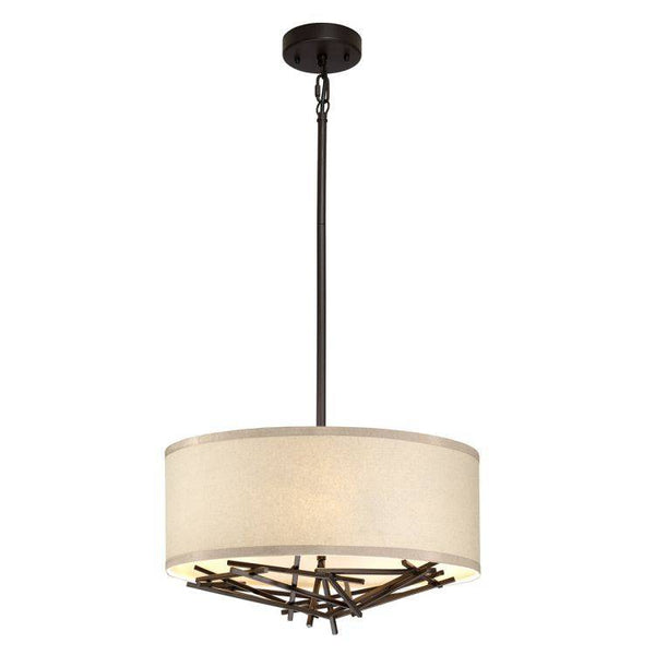 Elstead Taiko 3-Light Drum Pendant Light in bronze features a striking metal cluster design with a neutral linen shade, ideal for dining rooms, living spaces, or entryways.
