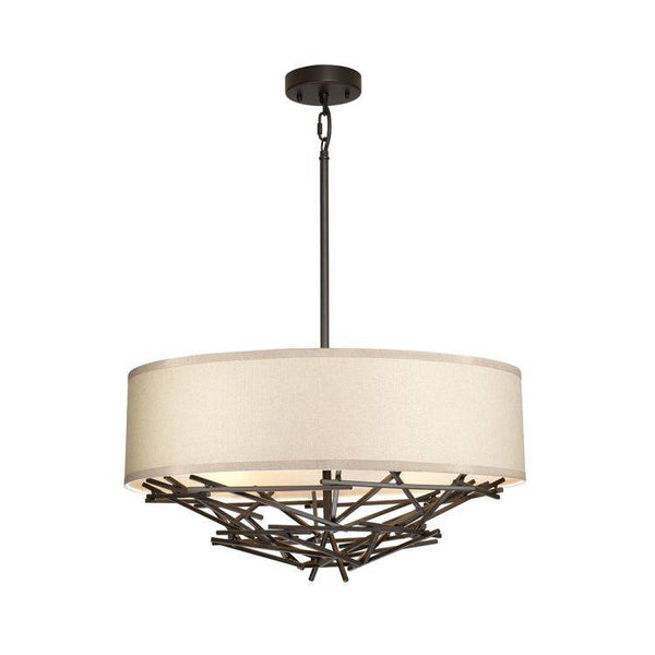 Elstead Taiko 4-Light Drum Pendant Light in bronze features a striking metal cluster design with a neutral linen shade, ideal for dining rooms, living spaces, or entryways.