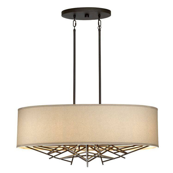 Elstead Taiko 5-Light Drum Pendant Light in bronze features a stunning metal cluster design with a neutral linen shade, making it perfect for dining rooms, living areas, or entryways.