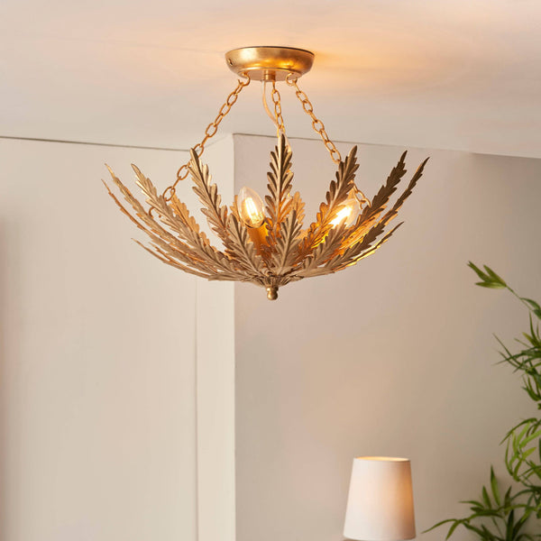 Endon Delphine 3-Light Flush Ceiling Light Gold Leaf – A luxurious and elegant ceiling fixture featuring a gold leaf finish, durable steel construction, and E14 candle bulb compatibility. This dimmable flush light is perfect for low ceilings, adding warm illumination and sophisticated charm to dining areas, living spaces, bedrooms, and hallways.