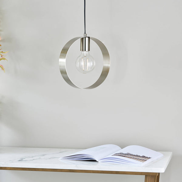 Endon Multi Hoop Pendant Light in Brushed Nickel features a sleek steel and glass design, dimmable functionality, and adjustable height, making it a stylish and functional lighting solution for modern interiors.