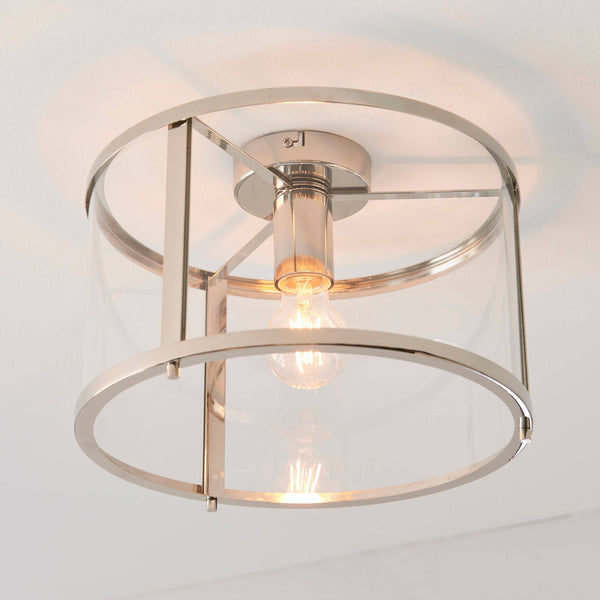 Endon Hopton Flush Ceiling Light Bright Nickel – A sleek and modern ceiling fixture from Endon Lighting, featuring bright nickel-plated metalwork, a clear glass shade, and E27 LED filament lamp compatibility. This dimmable flush light is perfect for low ceilings, providing adjustable illumination and elegant ambiance for living rooms, hallways, bedrooms, and dining areas.