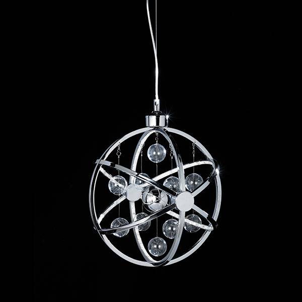 Endon Muni 390mm Multi Hoop Pendant Light in Polished Chrome features floating clear and chrome spheres, integrated LED rings, and a sleek, contemporary design, providing warm, ambient lighting for modern interiors.