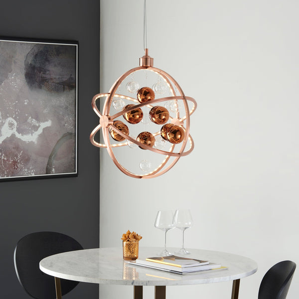 Endon Muni 480mm Multi Hoop Pendant Light in Polished Copper features clear and chrome spheres, integrated LED rings, and a height-adjustable suspension, offering a modern, warm, and elegant lighting solution.