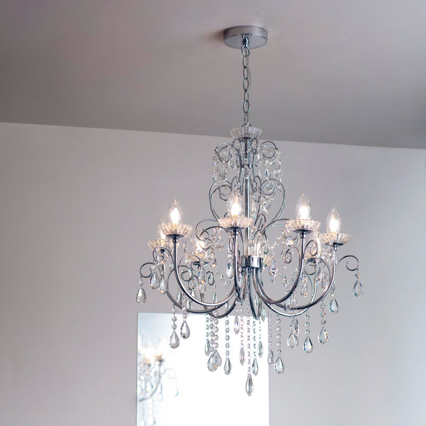 This stunning Tabitha 8 light pendant crystal chandeliers comes in a polished chrome finish, and is IP44 rated for bathrooms from Endon Lighting product code 72561