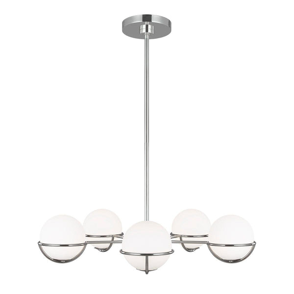 Elstead Apollo 5-Light Multi Arm Pendant Light in Polished Nickel features sleek arms and a refined silhouette, offering soft, ambient lighting for contemporary interiors.
