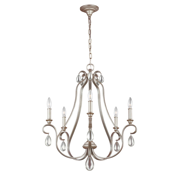 Elstead Dewitt 5-Light Ceiling Light Sunrise Silver – A sophisticated chandelier featuring a sunrise silver finish, clear teardrop crystals, and an adjustable height design. Dimmable and elegantly crafted, this luxurious ceiling light is perfect for dining rooms, bedrooms, and stylish interiors, providing a warm and radiant glow.