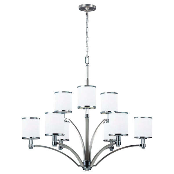 Elstead Prospect Park 9-Light Ceiling Light Satin Nickel & Chrome – A grand ceiling fixture featuring a sophisticated satin nickel and chrome finish, opal etched glass shades, and pressed crystal accents. Dimmable and height-adjustable, this elegant light is perfect for dining rooms, foyers, and spacious interiors, offering a refined and radiant glow.