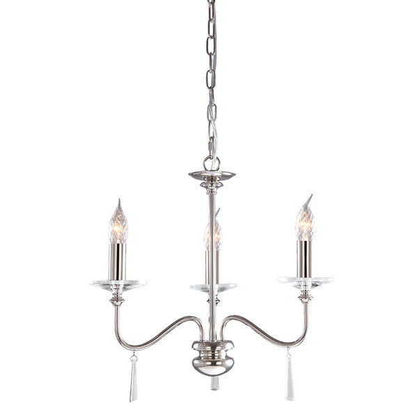 The Elstead Finsbury Park small three-light chandelier finished in polished nickel, a stunning traditional chandelier, with graceful upswept curved arms. Heavy-cut clear glass sconces, hand-cut glass drops, and matching candle tubes complete this classic light fitting.