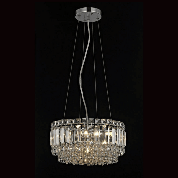 The Impex Alvery 5 Light Drum Pendant Light in chrome features sparkling crystal accents, adding a modern yet timeless elegance to dining rooms, living spaces, and bedrooms.