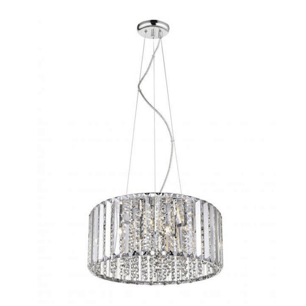 The Impex Diore 5 Light Drum Pendant Light features dazzling crystal accents and a sleek chrome finish, blending modern elegance with timeless charm. Perfect for dining rooms, living spaces, and bedrooms.