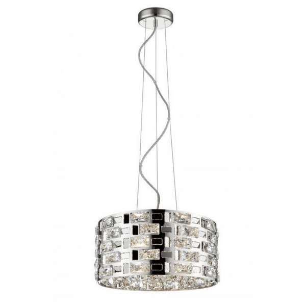 Impex Lola 5-Light Ceiling Light in chrome features radiant crystal accents and a polished chrome finish, creating a luxurious and timeless statement piece ideal for dining rooms, living spaces, and elegant interiors.