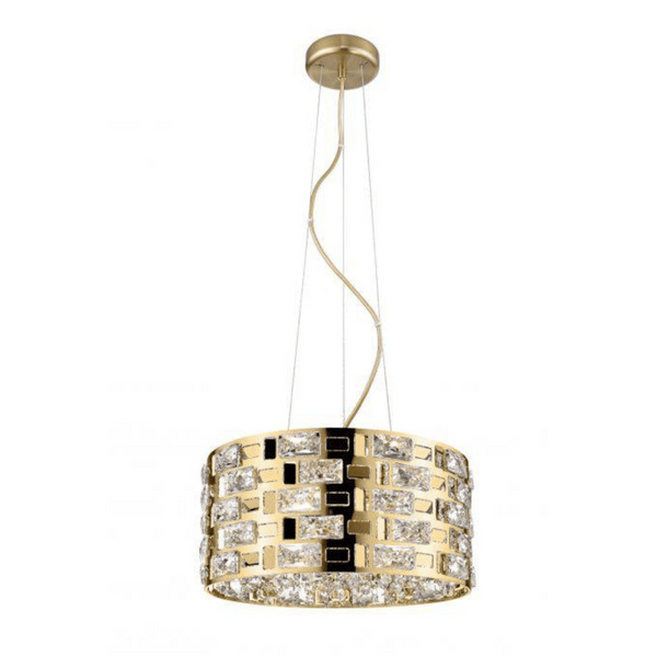 Impex Lola 5 Light Drum Pendant Light in gold features elegant crystal accents and a gold-plated finish, offering a luxurious statement piece perfect for dining rooms, living spaces, and sophisticated interiors.