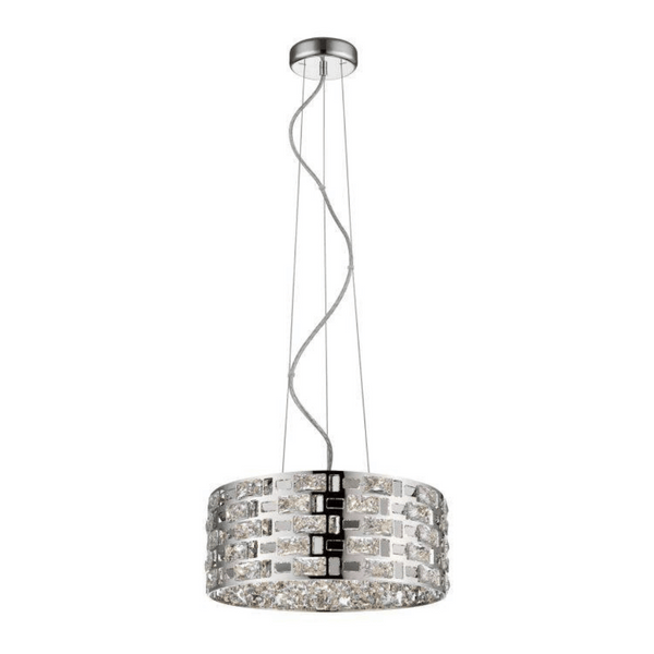 Impex Lola 6-Light Ceiling Light in chrome features radiant crystal accents and a polished chrome finish, creating a luxurious and contemporary statement piece ideal for dining rooms, living spaces, and elegant interiors.