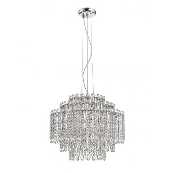 Impex Alita 8-Light Crystal Chandelier in chrome features dazzling crystal accents, offering a modern yet timeless statement for luxurious interiors.