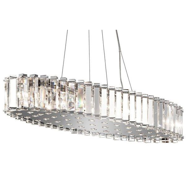 Elstead Skye 12-Light Rectangle Pendant Light in Polished Chrome features triangular crystal prisms and a sleek chrome frame, offering elegant illumination for modern interiors.